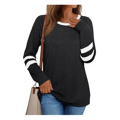 (M, black) Women's Long Sleeved Shirt Spicy Girl Casual Round Neck Color Blocked Top Fashionable