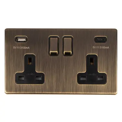 2 Gang Double 13A UK Plug Socket & 2x 3.1A USB-C & A SCREWLESS ANTIQUE BRASS