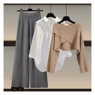 (coffee,grey, XXL) Autumn And Winter Women's Knitted Sweater Three Piece Pants Loose Blouse Shir