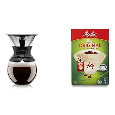 Pour Over Coffee Maker with Filter, Borosilicate Glass - 1.0 L, Black & Melitta Pack Original Si