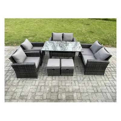 Fimous Rattan Garden Furniture Set Patio Outdoor Lounge Sofa Set with Oblong Dining Table Double