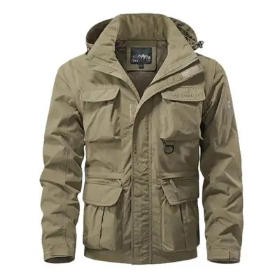 (khaki, XXL) Windproof Hooded Jacket Men&apos;s Casual Waterproof Multi Bag Cargo Jacket Vest Su