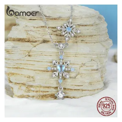 (925 silver) Bamoer Sterling Silver Snowflake Pendant Necklace Heart-shaped Moonstone Starburst 