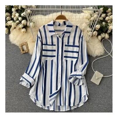 (blue, 4XL) Spring Summer Striped Blouse Fashion Turn-down Collar Long Sleeve Button Top Casual 