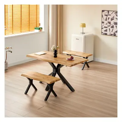 Wooden Dining Table and Benches Set with X-Shaped Iron Legs, Curved Edge for Dining Room