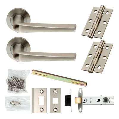 Door Handle & Latch Pack Satin Steel Chunky Tapered Lever Screwless Round Rose