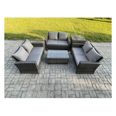 Fimous Dark Grey Seater Outdoor Rattan Garden Furniture Set Patio Love Sofa Rectangular Coffee T