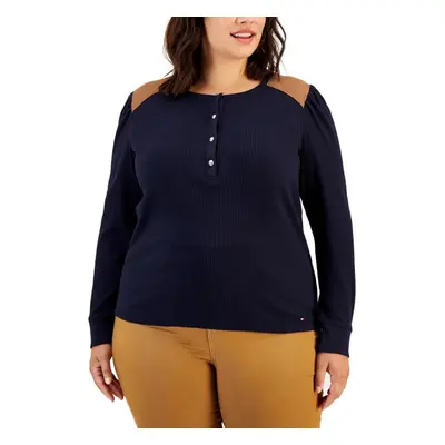 Tommy Hilfiger Womens Plus Waffle Knit Thermal Henley Navy 3X