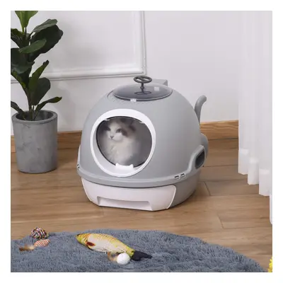 PawHut Futuristic Capsule-Shaped Cat Litter Box w/ Doors Scoop Drawer Grey