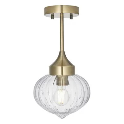 Semi Flush Ceiling Light Fitting - Antique Brass Plate & Ribbed Glass Shade