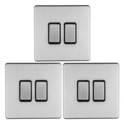 3 PACK Gang Single Light Switch SCREWLESS SATIN STEEL Way 10A Slim Rocker