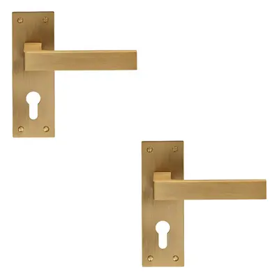 2x PAIR Straight Square Handle on Euro Lock Backplate x 50mm Antique Brass