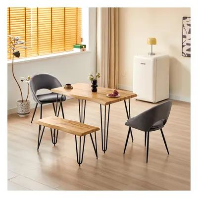 Wooden Dining Table with Bench and Grey Velvet Chairs â Stylish Dining Room Set with Metal Leg