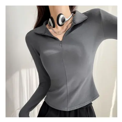 (dark gray, L) Long Sleeve Top Tee Women Clothing Autumn New Slim T-Shirts Interior Lapping Tren