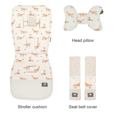 (fox) Stroller Cushion & Head Pillow & Seat Belt Cover 3Pcs/Set Universal Pram Pad Soft Cotton D