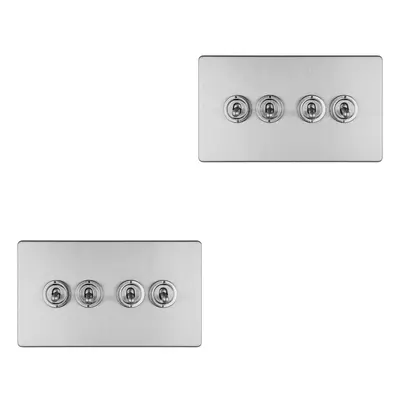 2 PACK Gang Quad Retro Toggle Light Switch SCREWLESS SATIN STEEL 10A Way