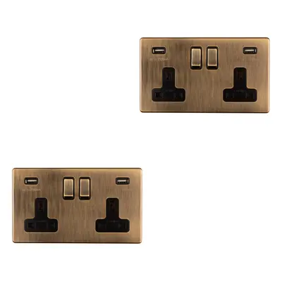 2 PACK Gang Double 13A UK Plug Socket & 2.1A USB-A SCREWLESS ANTIQUE BRASS