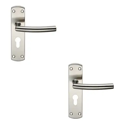 2x Curved Bar Lever Door Handle on Euro Lock Backplate x 44mm Satin Steel