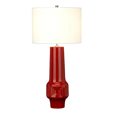 Table Lamp-Red Geometric Shape-White Faux Linen Cylinder Shade-LED E27 60W