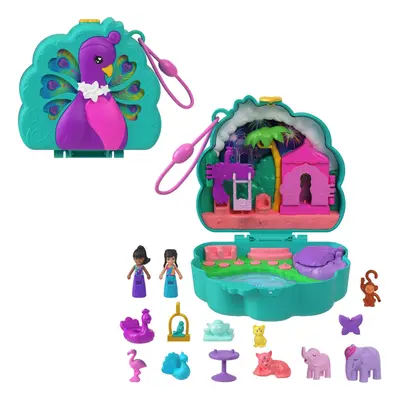 Polly Pocket Dolls and Playset Peacock Garden Compact Travel Toy with Micro Dolls and Pets Anima