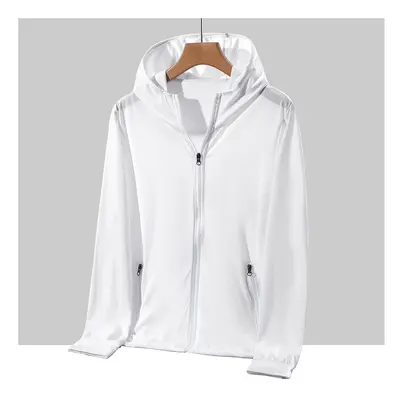 (WHITE, L) Plus Size Summer Coat Men Hooded Quick-Drying Upf Breathable Windbreaker Summer Sun P