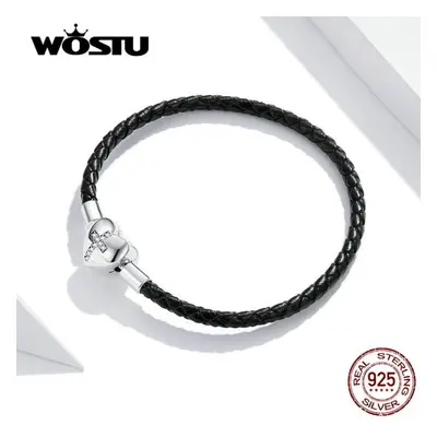 (silver, 17) Wostu Black Cross Bracelet Sterling Silver Basic Leather Chain Bracelets For Women 