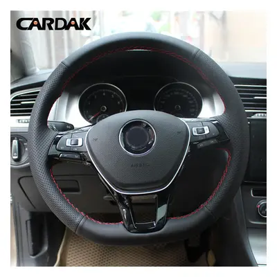 (Blue thread) Hand-stitched Black Artificial Leather Steering Wheel Cover for Volkswagen