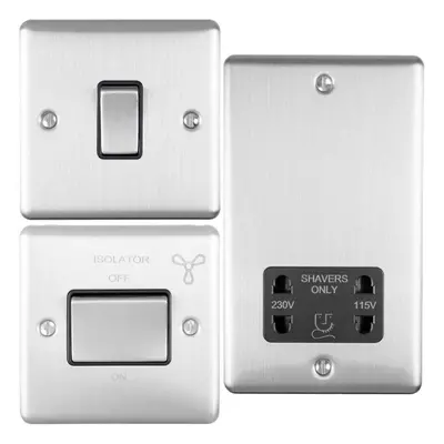 SATIN STEEL Bathroom Switch Set -1 Light | Fan Isolator | Twin Shaver Socket