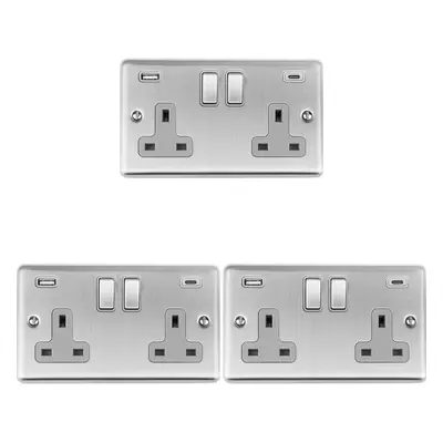 3 PACK Gang UK Plug Socket & 2x 3.1A USB-C & A SATIN STEEL & GREY 13A Switch