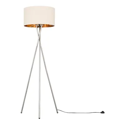 Modern Brushed Chrome Metal Tripod Floor Lamp with a Beige & Gold Cylinder Shade - Complete with