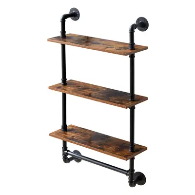 (3-Tier with Tower Bar, Rustic Brown) Pipe floating shelf, outdoor wall shelf, 60x20x103cm, wall