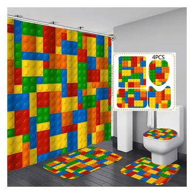 Faitove 4PCS Kids Funny Blocks Shower Curtain Sets with Rugs Toilet