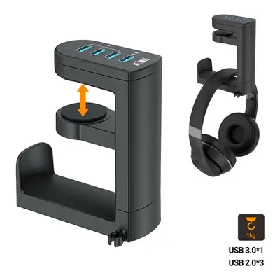 (Black USB 3.0 2.0) Headphone Bracket Swivel Mounted PC Gaming Headset Stand Holder Under