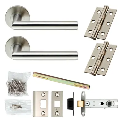 Door Handle & Latch Pack Satin Steel Mitred Straight Bar Screwless Round Rose