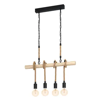 Hanging Ceiling Pendant Light Black & Wood / Rope 4x E27 Kitchen Island Lamp