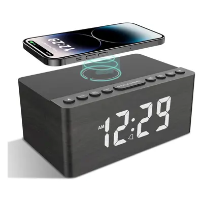 (Grey) Wooden Bedside Alarm Clock with FM Radio, 10W Super Fast Wireless Charger