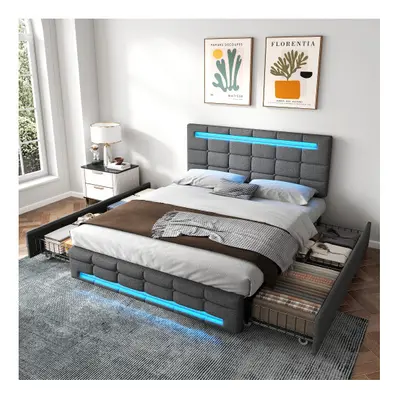 (Grey) 4ft6 Double Upholstered Bed with LED Lighting and Storage Drawers,Linen Fabric Storage Be