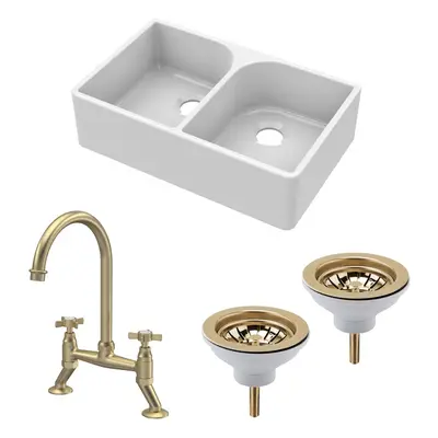 Fireclay Kitchen Bundle - Double Bowl Full Weir Butler Sink No Overflow, Wastes & Bridge Tap, 79