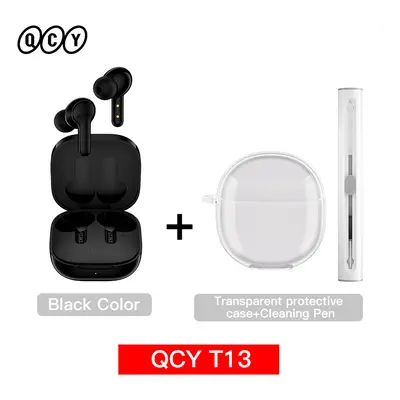 (Black with Case Pen) QCY T13 Wireless Smart Headphone BT5.1 TWS Earphone Mic ENC HD Call