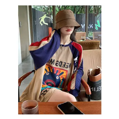 (Khaki, XL) Women Spring Autumn Fashion Loose Contrasting Colors Printing O-neck Long Sleeve T-S