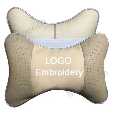 (For Audi beige) 2Pcs Beige Embroidery Car Neck Pillow Leather Seat Support Headrest For