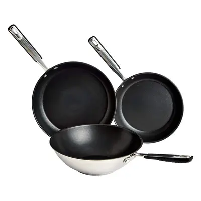 (24/28/28 cm, Frying Pan Set) 3-Piece Stainless Steel Non-Stick Induction Frying Wok and Pan Set