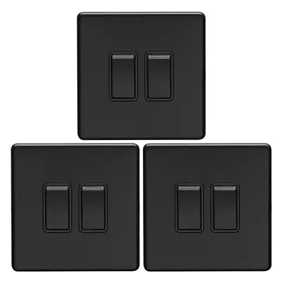 3 PACK Gang Double Light Switch SCREWLESS MATT BLACK Way 10A Slim Rocker