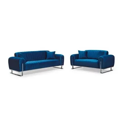 (Blue) Edinburg Elegant Design Plush Velvet 3+2 Sofa Set