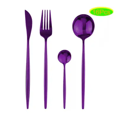 (purple, 16pcs) 16pcs Black Cutlery Set 18/0 Stainless Steel Dinnerware Set Kitchen Gold Tablewa