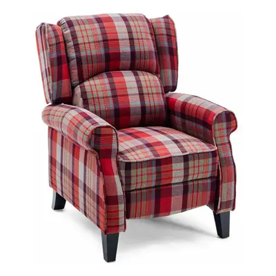 (Red) Eaton Wing Back Fireside Tartan Fabric Recliner Manual Armchair Sofa Chair Cinema