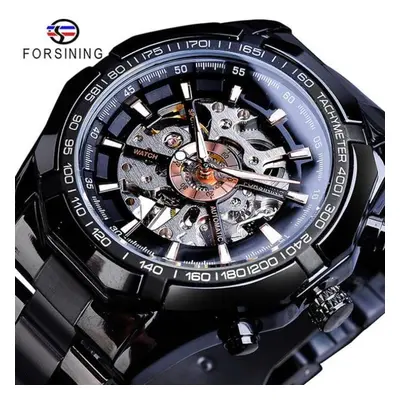 (black) Forsining Stainless Steel Waterproof Mens Skeleton Watches Top Brand Luxury Transparent 