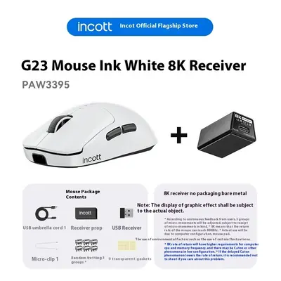 (G23 White-8K) Incott Wireless Mouse Dual Mode 8K PAW3950 Fast Charge Hot Swap Gaming Mouse Ergo