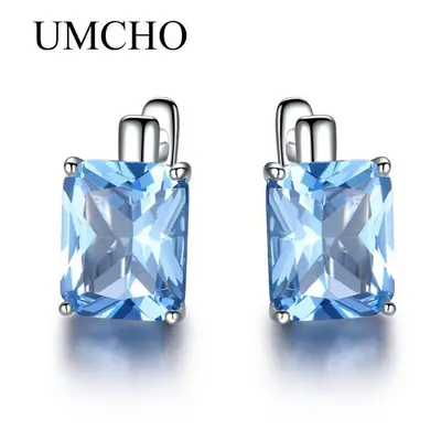 (as the picture) Umcho Luxury 8.0ct Sky Blue Topaz Gemstone Jewelry Clip On Earrings For Women B