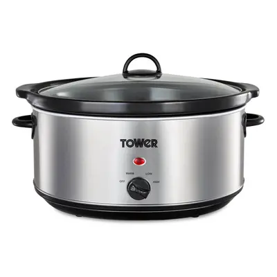 Tower T16040 Slow Cooker with Heat Settings and Removable Dishwasher Safe Pot, 6.5 Litre, Stainl